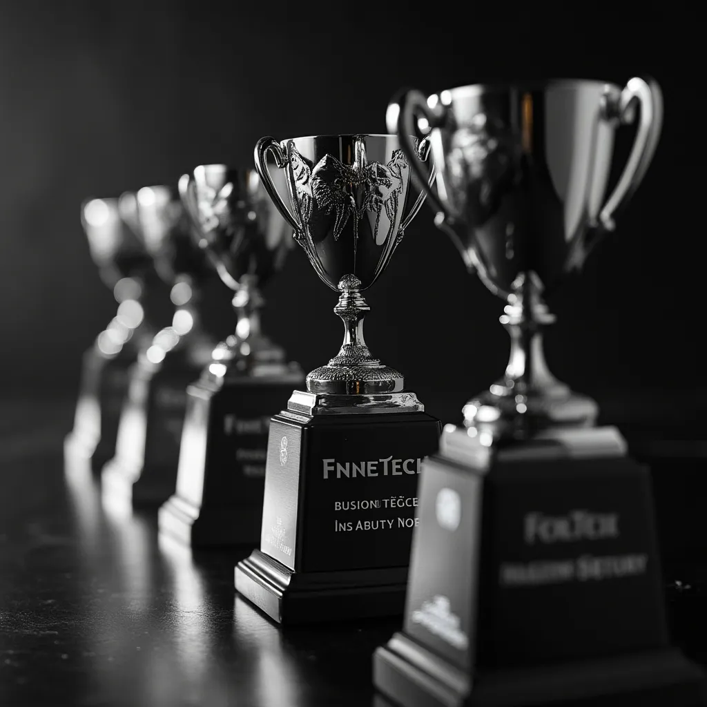 Trophées fintech alignés sur table